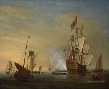  anglais Tableaux - Peter Monamy attrib Scène du port Un navire anglais avec des voiles desserrées tirant un fusil